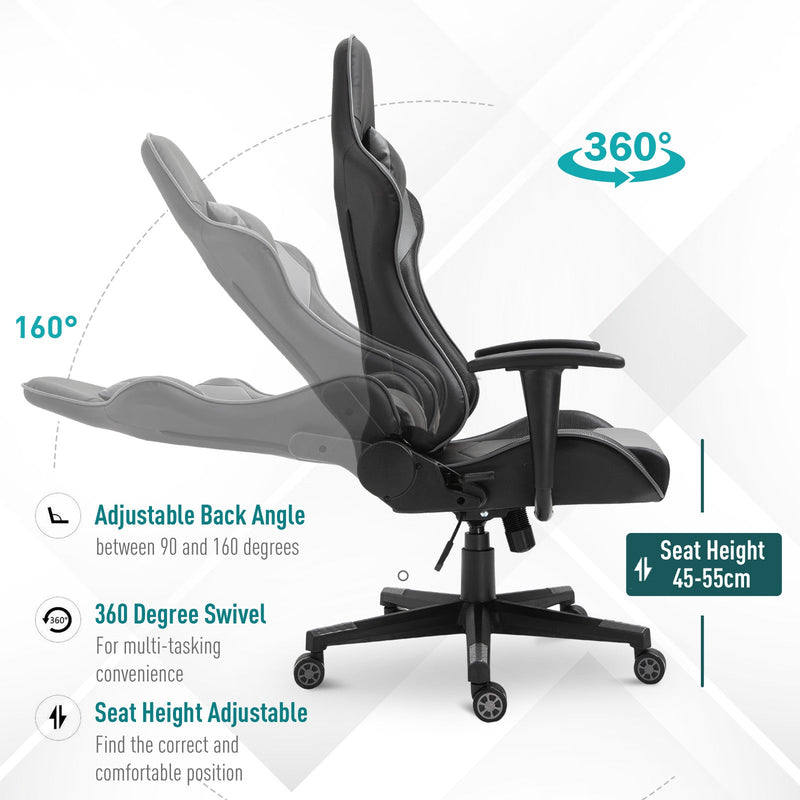 High Back Racing Gaming Chair - Ergonomic PU Leather Recliner with Headrest and Lumbar Cushion - Comfortable Seating for Gamers and Home Office Users