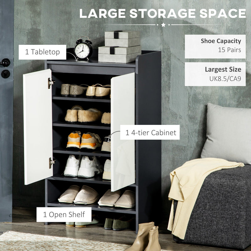 High Gloss White Shoe Cabinet with Open Shelves - Modern Hallway Storage Organizer for 15 Pairs - Stylish Grey Footwear Cupboard