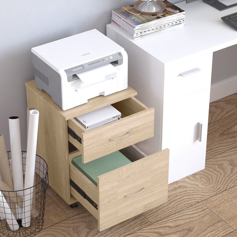 Oak Rolling File Cabinet Cupboard - 2-Drawer Table Storage Unit with Wheels - Mobile Bedside Organizer for Home Office Use