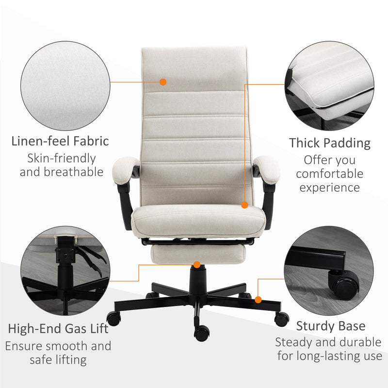 High-Back Linen Executive Chair - Swivel & Reclining Office Furniture with Adjustable Height and Footrest - Comfortable Padded Armrests for Home or Work Spaces in Cream White