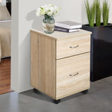 Oak Rolling File Cabinet Cupboard - 2-Drawer Table Storage Unit with Wheels - Mobile Bedside Organizer for Home Office Use