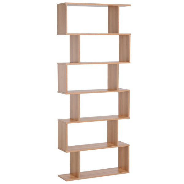 Maple Finish Wooden S-Shaped Bookcase - 6-Shelf Storage Display Unit & Room Divider - Versatile Chest Cabinet for Home or Office Organization