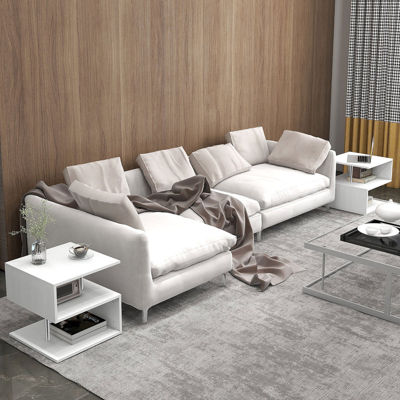2-Tier Wooden S-Shaped Coffee Table - Cube Storage and Display Shelving Organizer, White - Ideal for Living Room, Office, and Bookcase End Desk Stand
