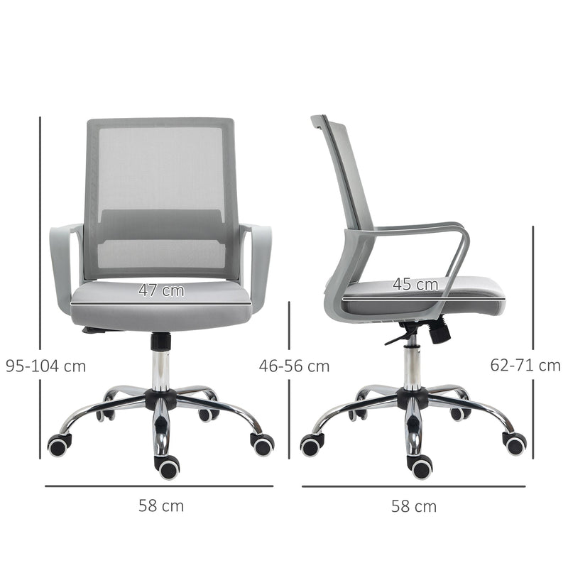 Breathable Mesh Ergonomic Office Chair with Adjustable Height - Desk Chair with Armrests and 360° Swivel Castor Wheels, Grey - Ideal for Comfortable and Productive Workdays