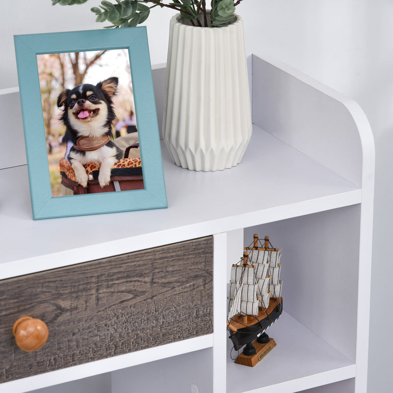 Modern Multi-Shelf Bookcase with Drawer - Freestanding 6-Tier Storage, Wooden Legs, Stylish White & Grey Finish - Ideal for Home Office and Display Décor