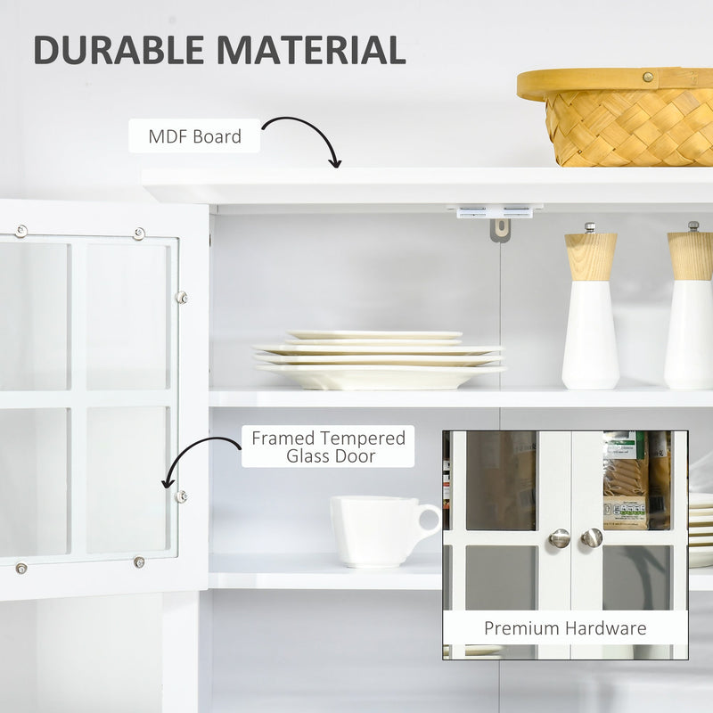 Buffet and Hutch Storage Unit - Elegant White Wooden Cupboard with Glass Door and Drawer for Kitchen Organization - Ideal for Dining and Living Room Essentials Display, 68.6W x 40D x 164Hcm