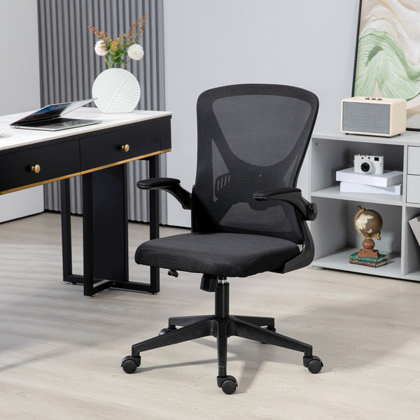 Ergonomic Mesh Office Chair with Flip-up Armrests - Computer Desk Chair with Lumbar Support & 360° Swivel Wheels, Black - Ideal for Comfortable Working Environments