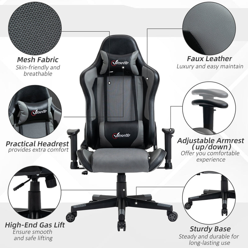 Ergonomic Racing-Style Gaming Chair - High-Back, Adjustable, Swivel Office Chair with Lumbar Support, Grey - Ideal for Gamers and Long-Hour Desk Users