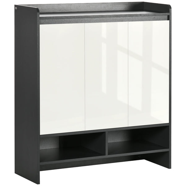 High Gloss Shoe Storage Unit with White Doors - Spacious Hallway Cupboard with Open Shelves for Up to 24 Pairs - Sleek Grey Organizer for Footwear