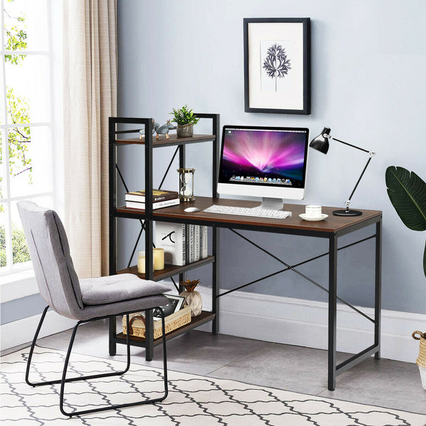 Walnut Wooden Desk - Computer Writing Table with 4-Tier Reversible Bookshelf - Ideal Solution for Organizing Home Office Space