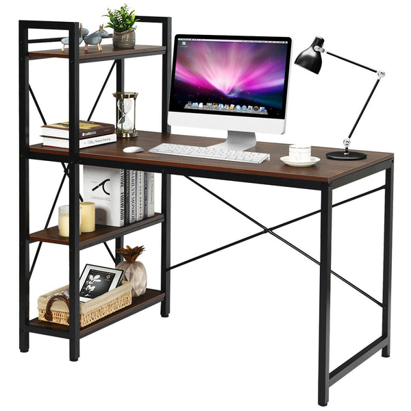 Walnut Wooden Desk - Computer Writing Table with 4-Tier Reversible Bookshelf - Ideal Solution for Organizing Home Office Space