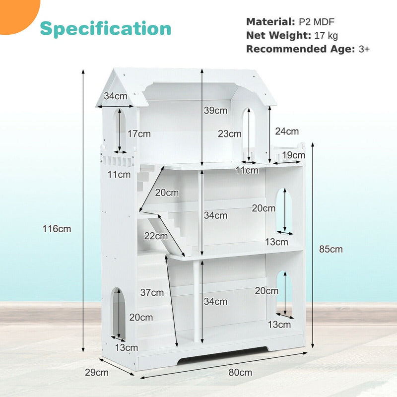 3-Tier Wooden Structure - Dollhouse Bookcase for Playroom Bedroom - Ideal for Toy Organization and Space Saving