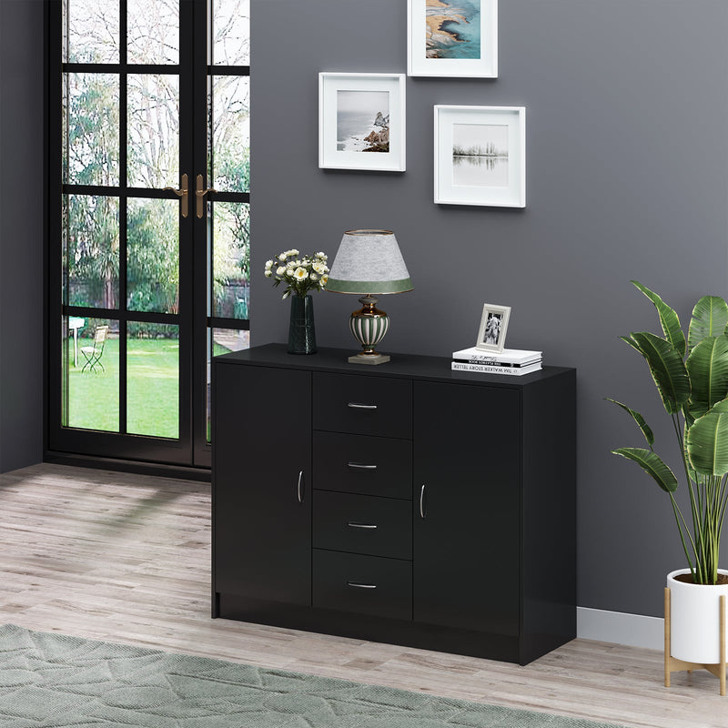 2-Door & 4-Drawer Sideboard Storage Cabinet - Freestanding Cupboard and Chest Organizer for Kitchen & Living Room - Sleek Black Finish for Home Organization