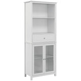 Pantry Storage Unit with Tempered Glass Doors - Kitchen Cupboard with Drawer, Open Shelf & Adjustable Shelves | 181.5 cm Tall in White - Ideal for Organizing Kitchenware & Food Essentials