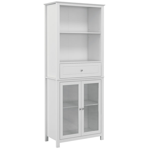 Pantry Storage Unit with Tempered Glass Doors - Kitchen Cupboard with Drawer, Open Shelf & Adjustable Shelves | 181.5 cm Tall in White - Ideal for Organizing Kitchenware & Food Essentials