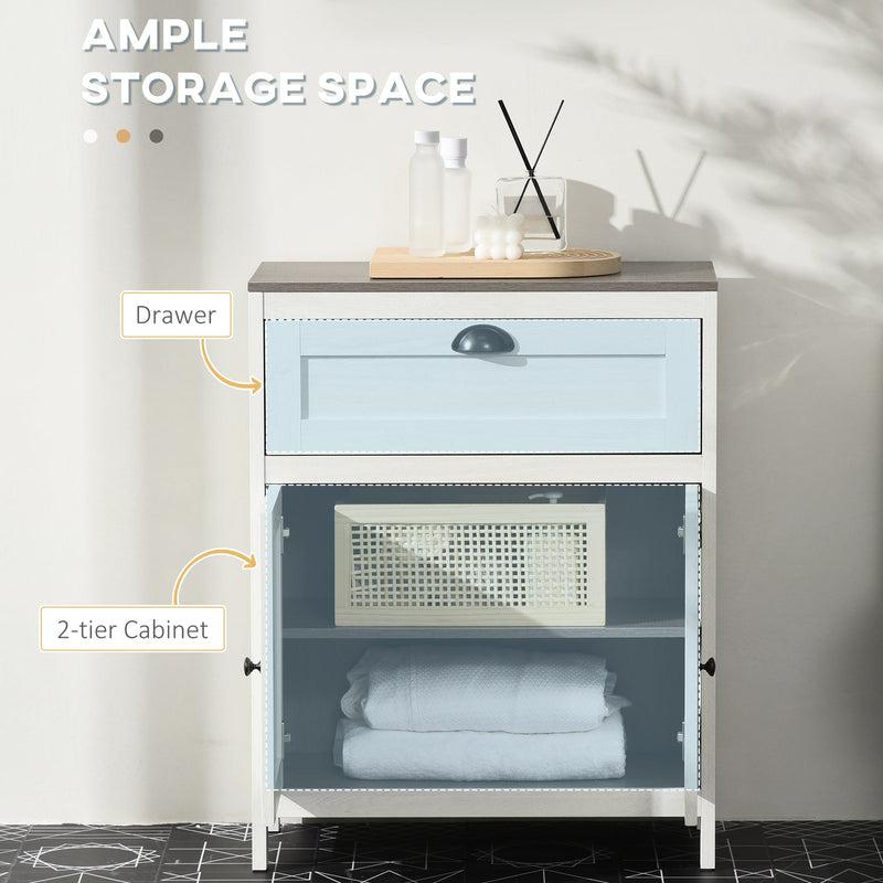 Freestanding White Bathroom Floor Cabinet with Drawer - Double Door Storage Cupboard and Adjustable Shelf - Space-Saving Organizer for Bathroom Essentials