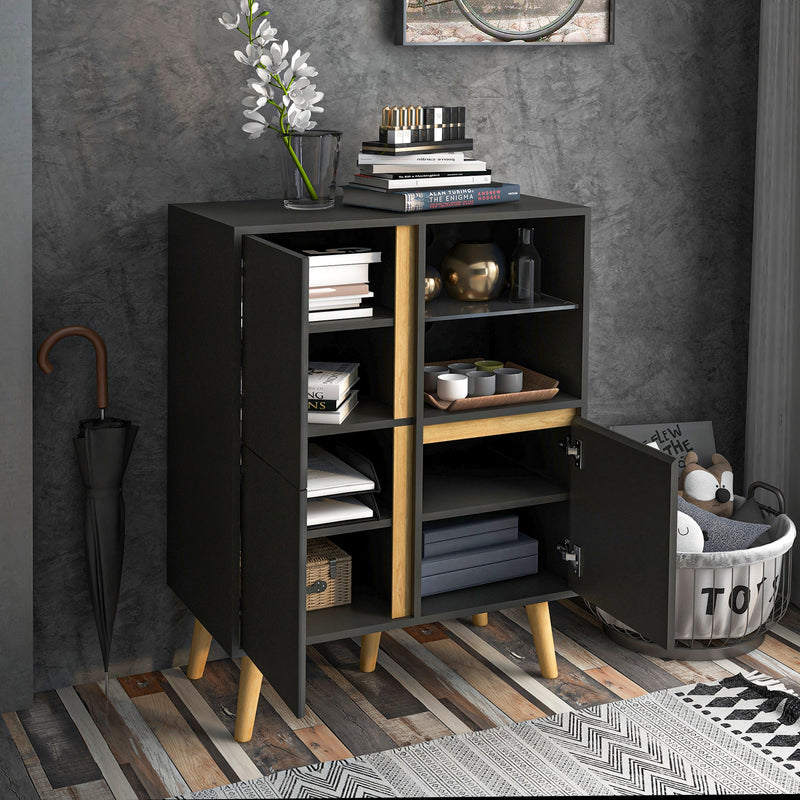 Elegant Tempered Glass Storage Cabinet - Sideboard with Adjustable Shelves and Solid Wood Legs - Ideal for Dining Room Organization and Display