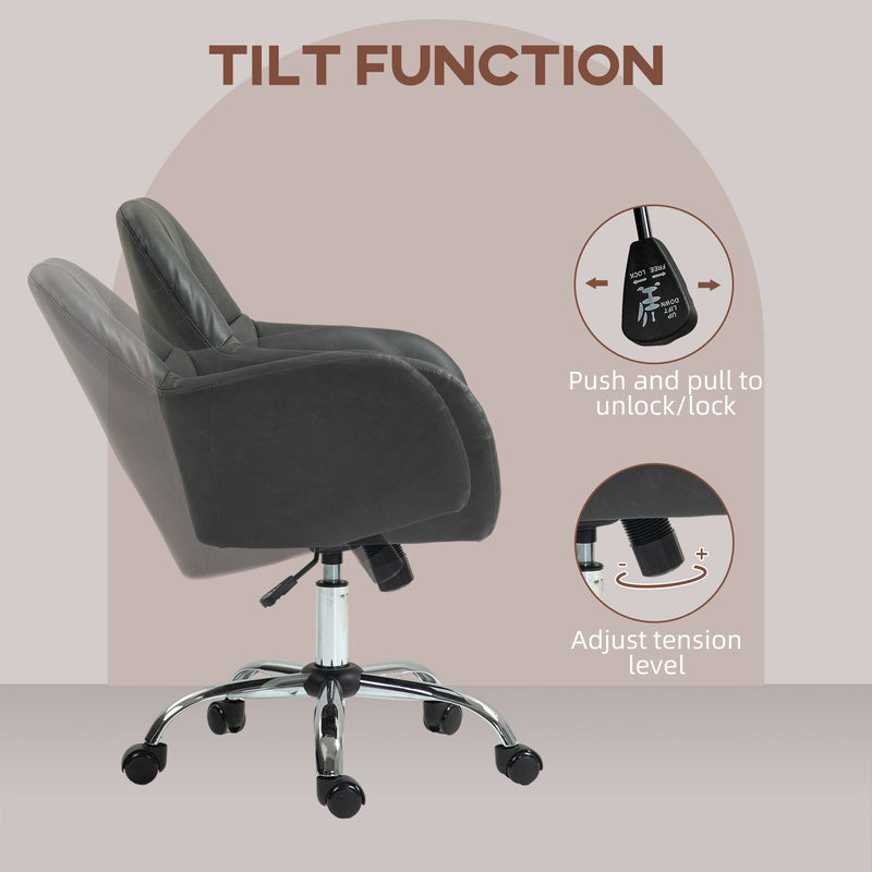 HOMCOM Computer Desk Chair, PU Leather Swivel Office Chair, Makeup Vanity Chair with Height Adjustable, Wheels, for Home Study Bedroom, Grey | Aosom UK