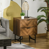Walnut Brown Side Cabinet with Herringbone Pattern - 2-Drawer Home Organizer with Hidden Handles - Ideal for Bedroom and Living Room Storage Solutions
