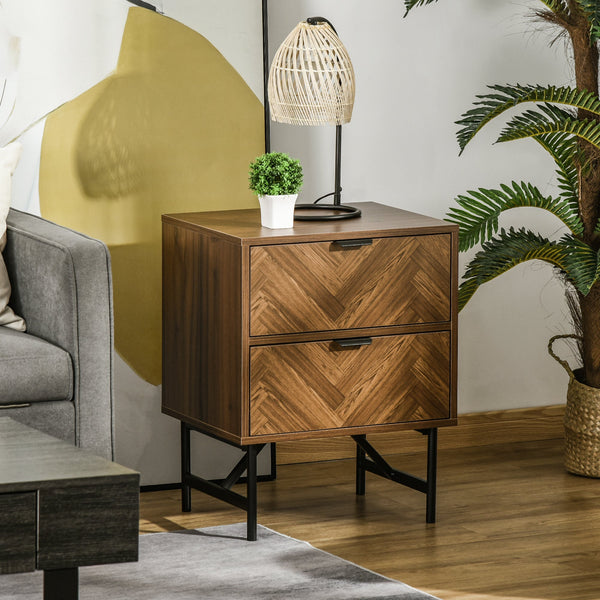 Walnut Brown Side Cabinet with Herringbone Pattern - 2-Drawer Home Organizer with Hidden Handles - Ideal for Bedroom and Living Room Storage Solutions