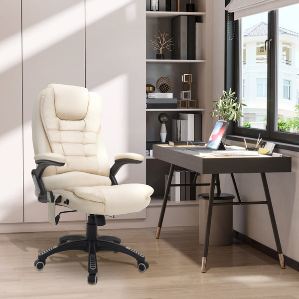 Executive Office Chair with Heat & Massage Feature - High Back PU Leather, Tilt & Reclining Functionality, Beige - Ideal for Stress Relief & Comfort in the Workplace