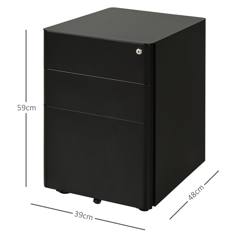 Lockable Steel 3-Drawer File Cabinet - Holds Letter/Legal/A4 Documents, Mobile Office Storage on Wheels - Black Metal Filing Solution for Home and Office Organization