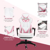 Ergonomic Racing Gamer Chair with Adjustable Features - Rolling Office Desk Chair with Headrest, Lumbar Support & Retractable Footrest in Pink - Ideal for Comfortable Gaming & Productive Work Environments