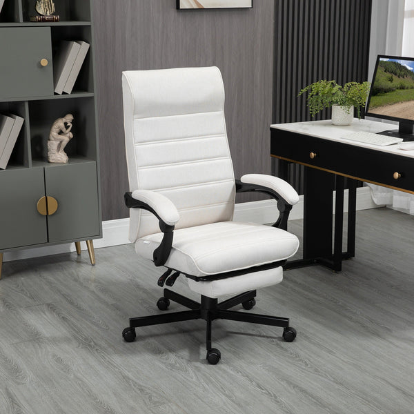 High-Back Linen Executive Chair - Swivel & Reclining Office Furniture with Adjustable Height and Footrest - Comfortable Padded Armrests for Home or Work Spaces in Cream White