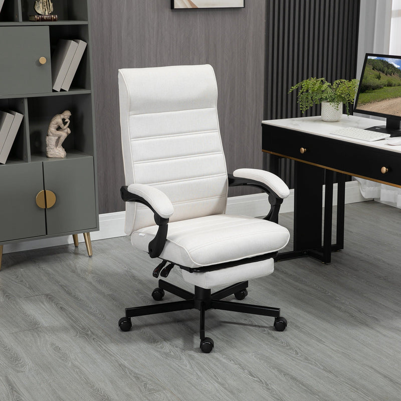 High-Back Linen Executive Chair - Swivel & Reclining Office Furniture with Adjustable Height and Footrest - Comfortable Padded Armrests for Home or Work Spaces in Cream White