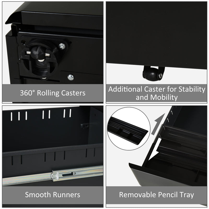 Lockable Steel 3-Drawer File Cabinet - Holds Letter/Legal/A4 Documents, Mobile Office Storage on Wheels - Black Metal Filing Solution for Home and Office Organization