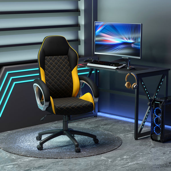 High-Back Faux Leather Office Chair with Diamond Line Detailing - Ergonomic Rocker Swivel Desk Chair with Wheels, Black and Orange - Ideal for Home Office and Computer Workstations