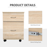 Oak Rolling File Cabinet Cupboard - 2-Drawer Table Storage Unit with Wheels - Mobile Bedside Organizer for Home Office Use