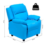 Kids Recliner with Armrest Storage - Blue PU Leather Look Lounger for Children - Comfy Gaming Chair Sofa Seat for Playroom and Relaxation