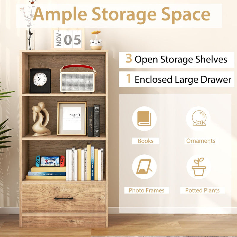 Wooden Cabinet Bookshelf - 3-Tier Open Shelves with Drawer in White - Ideal Storage Solution for Home and Office