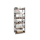 6-Tier Rustic Brown Bookshelf - Tall Stand with Open Display Shelves and 4 Hooks - Ideal Storage Solution for Home and Office Use