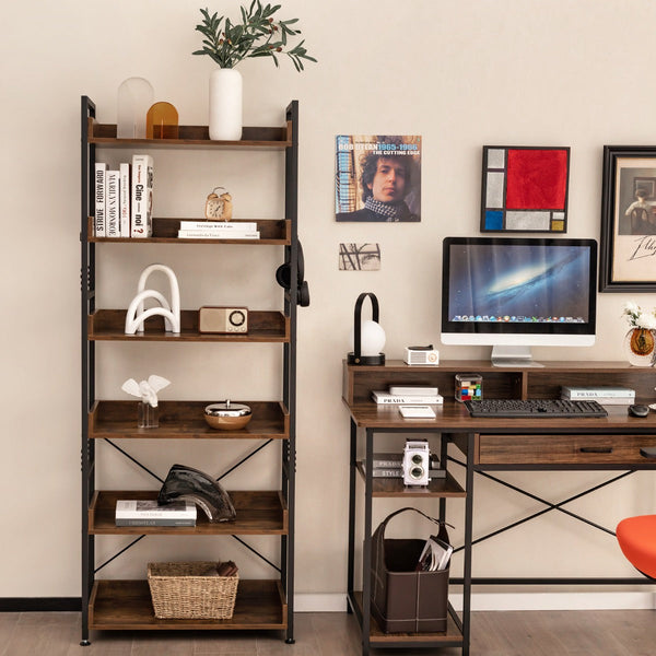 6-Tier Rustic Brown Bookshelf - Tall Stand with Open Display Shelves and 4 Hooks - Ideal Storage Solution for Home and Office Use