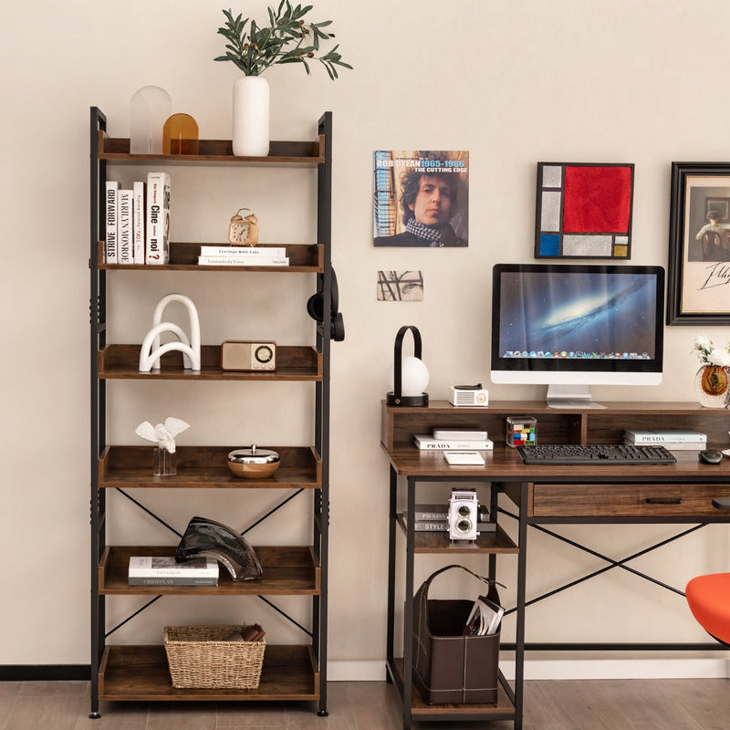 6-Tier Rustic Brown Bookshelf - Tall Stand with Open Display Shelves and 4 Hooks - Ideal Storage Solution for Home and Office Use
