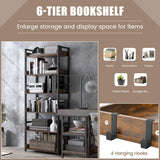 6-Tier Rustic Brown Bookshelf - Tall Stand with Open Display Shelves and 4 Hooks - Ideal Storage Solution for Home and Office Use