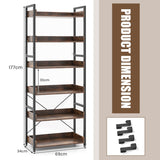 6-Tier Rustic Brown Bookshelf - Tall Stand with Open Display Shelves and 4 Hooks - Ideal Storage Solution for Home and Office Use