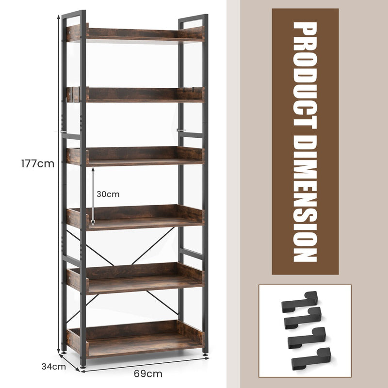 6-Tier Rustic Brown Bookshelf - Tall Stand with Open Display Shelves and 4 Hooks - Ideal Storage Solution for Home and Office Use