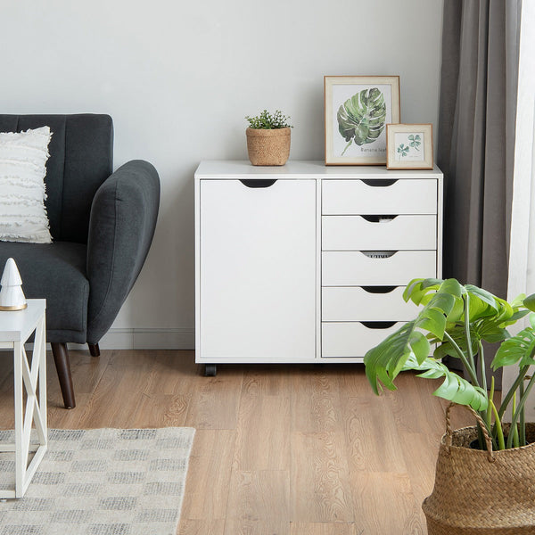Mobile Side Cabinet - 5-Drawer, Wheeled, White Design - Convenient Storage Solution for Homes and Offices