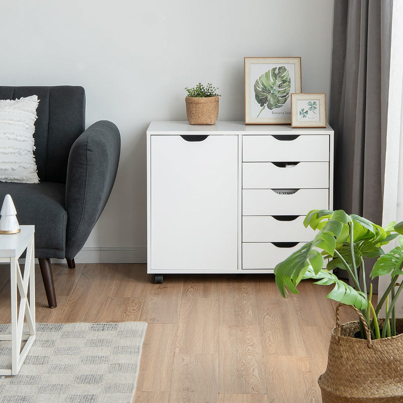 Mobile Side Cabinet - 5-Drawer, Wheeled, White Design - Convenient Storage Solution for Homes and Offices