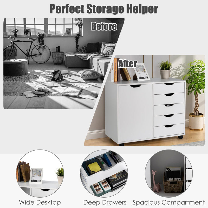 Mobile Side Cabinet - 5-Drawer, Wheeled, White Design - Convenient Storage Solution for Homes and Offices