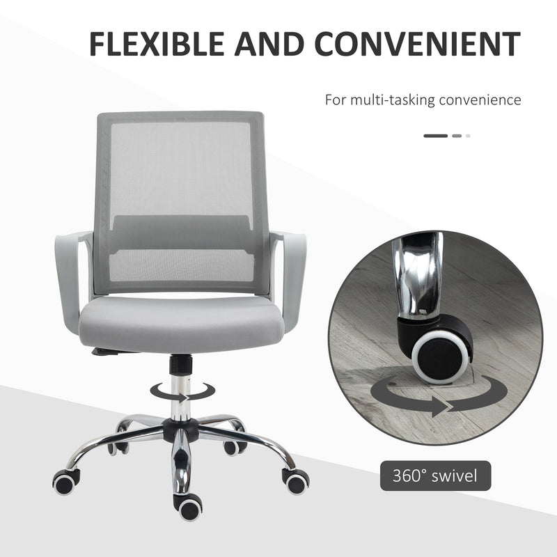 Breathable Mesh Ergonomic Office Chair with Adjustable Height - Desk Chair with Armrests and 360° Swivel Castor Wheels, Grey - Ideal for Comfortable and Productive Workdays