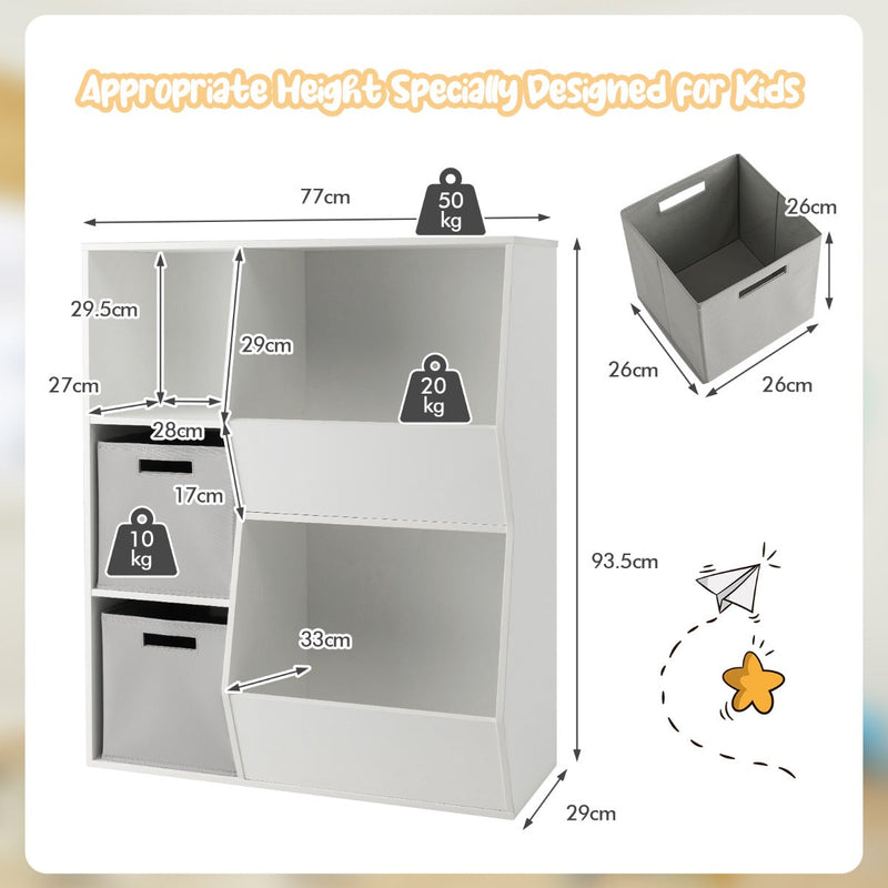 Kids' Bookcase Bookshelf - 5 Cubby Storage and 2 Removable Fabric Drawers in White - Perfect for Organizing Children's Books and Toys