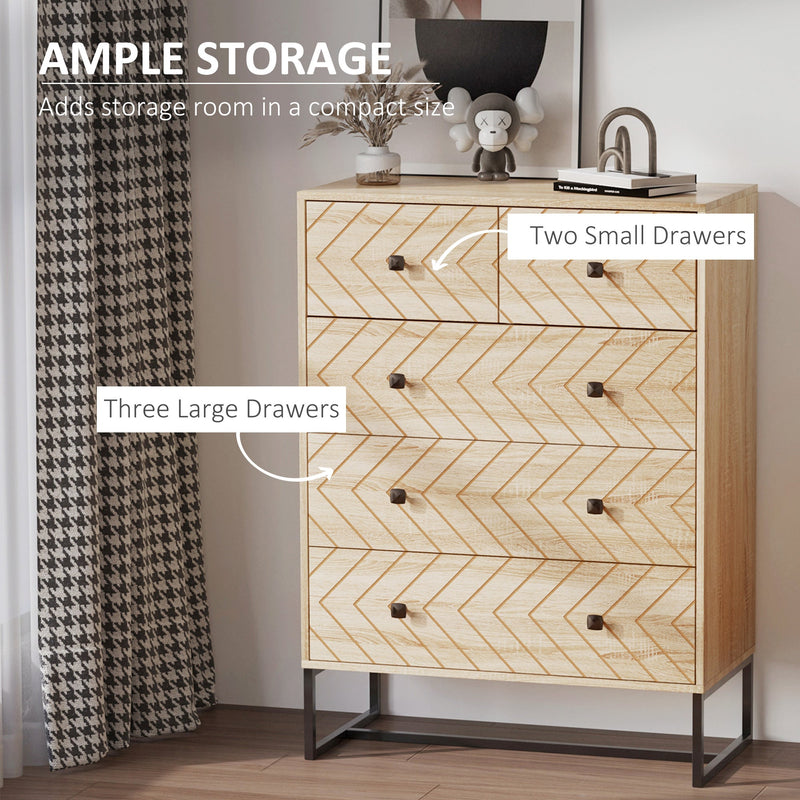Unique Zig-Zag 5-Drawer Chest - Stylish Bedroom Sideboard with Black Metal Handles - Space-Saving Storage Solution with Anti-Tip Feature