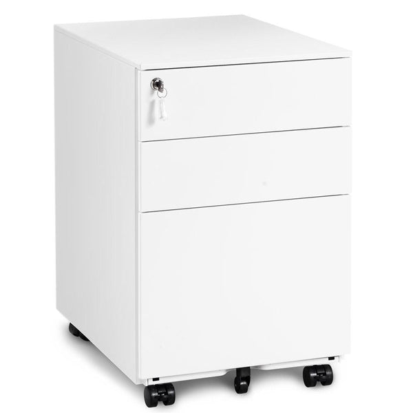 3-Drawer Mobile File Cabinet - Solid Steel Pedestal with 5 Casters, Lockable with Keys, 39x52x60 cm, White - Secure Document Storage for Home and Office Use