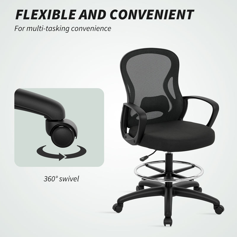 Vinsetto Drafting Chair with Adjustable Footrest, Ergonomic Mesh Office Chair with Lumbar Support, Adjustable Height for Standing Desk, Black