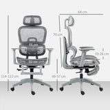 HOMCOM Executive Office Chair, Ergonomic Mesh High Back Desk Chair with Lumbar Support, Reclining Function, Swivel Computer Chair with 3D Armrest, Headrest, Footrest, Grey