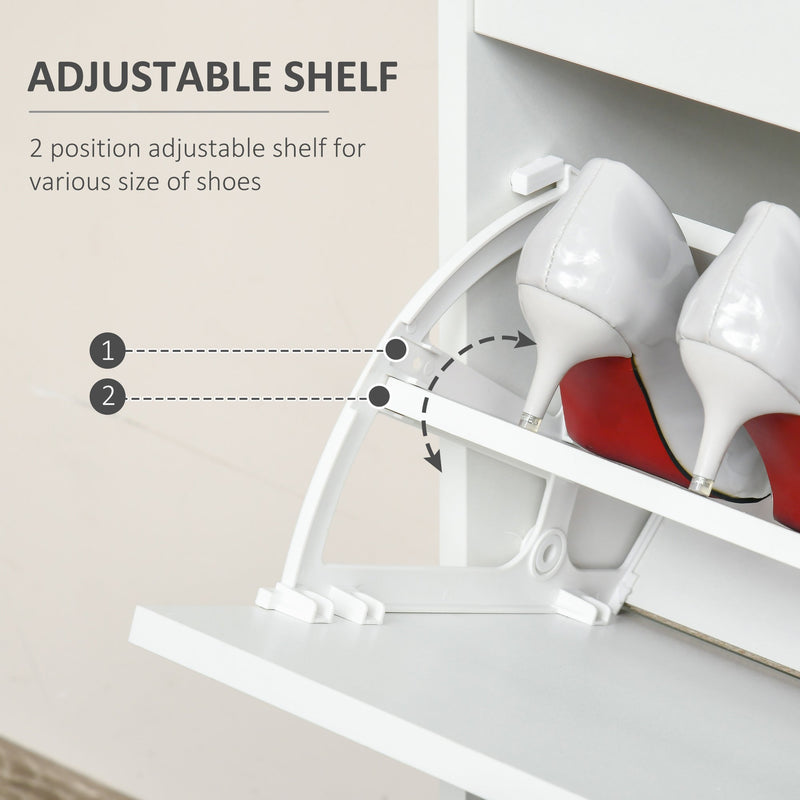 Slim White Tipping Shoe Cabinet - Entryway Storage Rack with Pull-Down Doors & Drawer, Adjustable Shelf - Space-Saving Organizer for Hallways and Small Areas